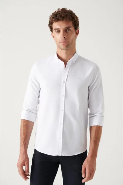 1-پیراهن آستین بلند مردانه مدل یقه سفید آکسفورد تنه استاندارد