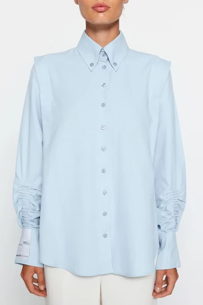 4-مانتو پیراهن پوپلین با روفله آبی روشن استودیو زنانه